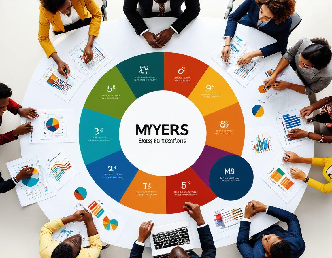 A diverse group of people engaged in a dynamic discussion, showcasing the varied personality types represented by the Myers-Briggs Type Indicator. Illustrate an interactive workspace filled with charts and graphs detailing personality types, with bright, inspiring colors radiating from the center. Include visual representations of career paths and relationships forming vibrant connections. super-realistic. vibrant colors. white background.