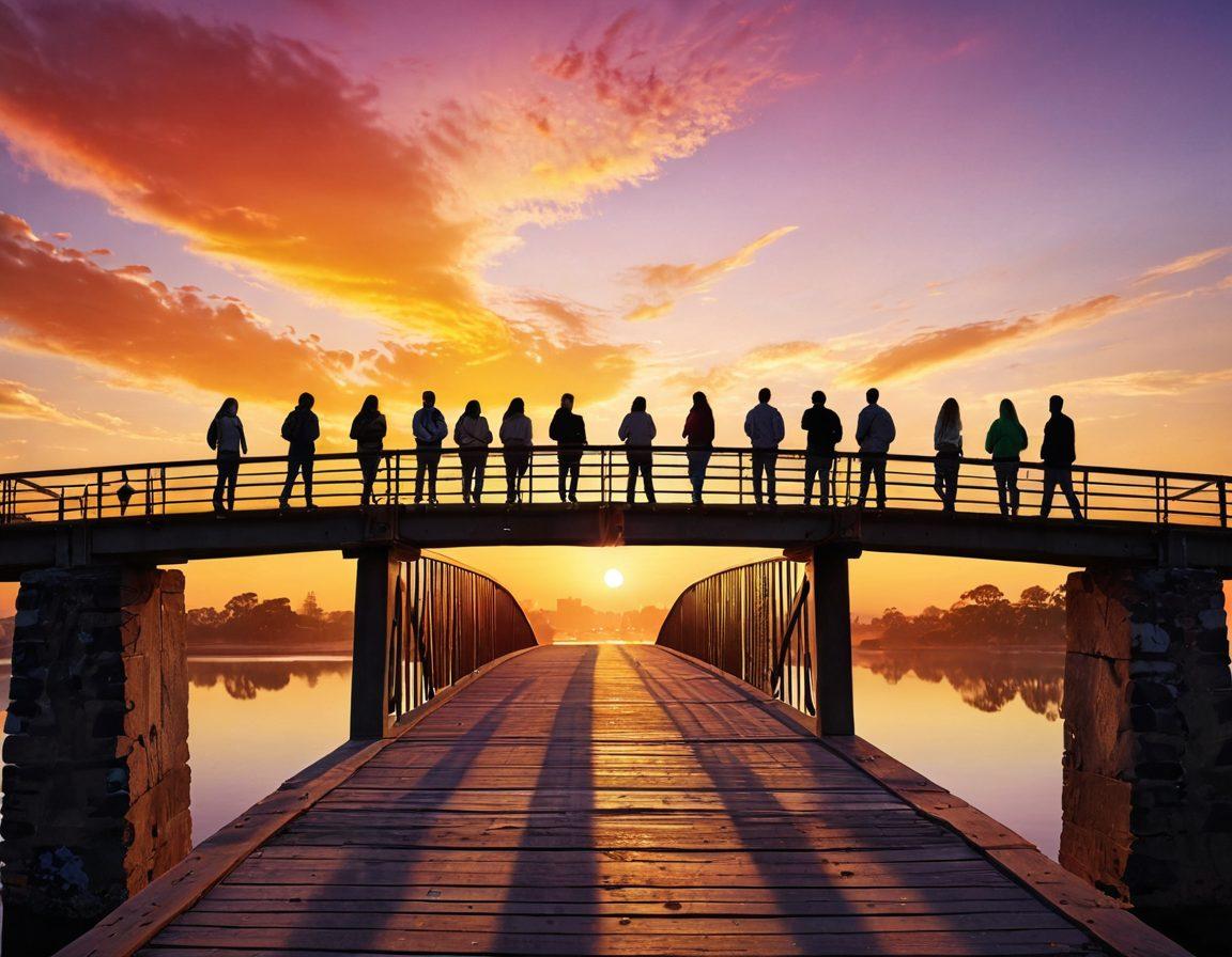 A diverse group of people, each displaying distinct personality traits, standing together on a beautifully designed bridge that symbolizes connection and collaboration. In the background, vibrant colors depict a sunrise, representing new beginnings and understanding. Infographics of various personality assessment tools subtly blend into the scene, illustrating their role in enhancing relationships. super-realistic. vibrant colors. warm tones.